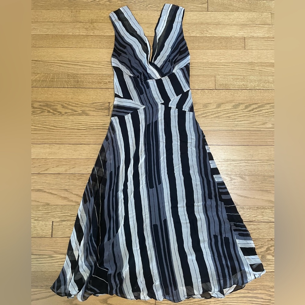 DIANE VON FURSTENBERG “Irma” Black White Gray Stripe Silk Cocktail Midi Dress